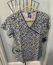 Zoe + Chloe Extra Small XS Cheetah Bling Mock Wrap Scrub Top Women Ladies Shirt