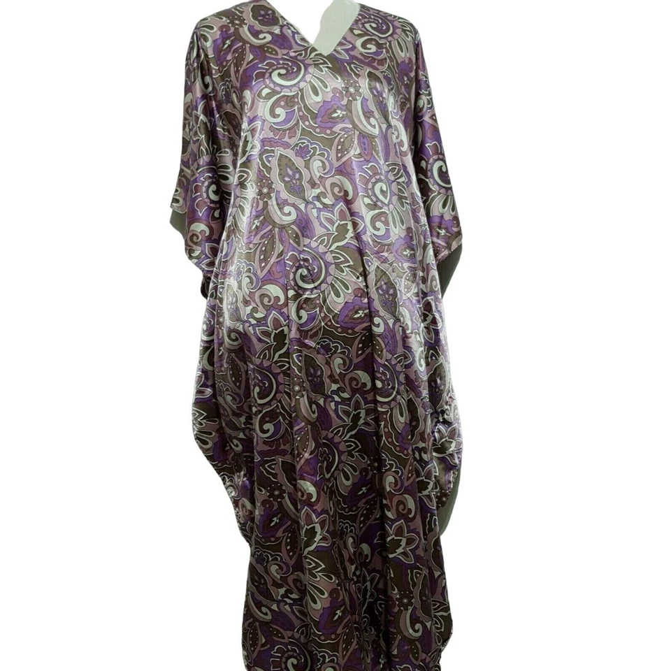 Caftán Winlar vintage para mujer talla única satinado púrpura floral mod relajado Foto 3 de 4