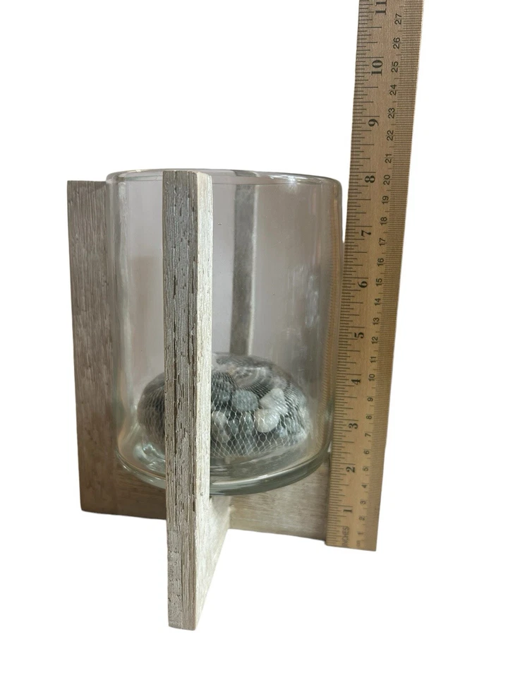 "Candelabro Hurricane madera a la deriva gris piedra vidrio playa costero náutico 8""" Foto 3 de 4