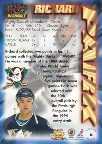 1997-98 Pacific Invincible Hockey NHL Regime #6 Richard Park Anaheim Ducks - Picture 2 of 2