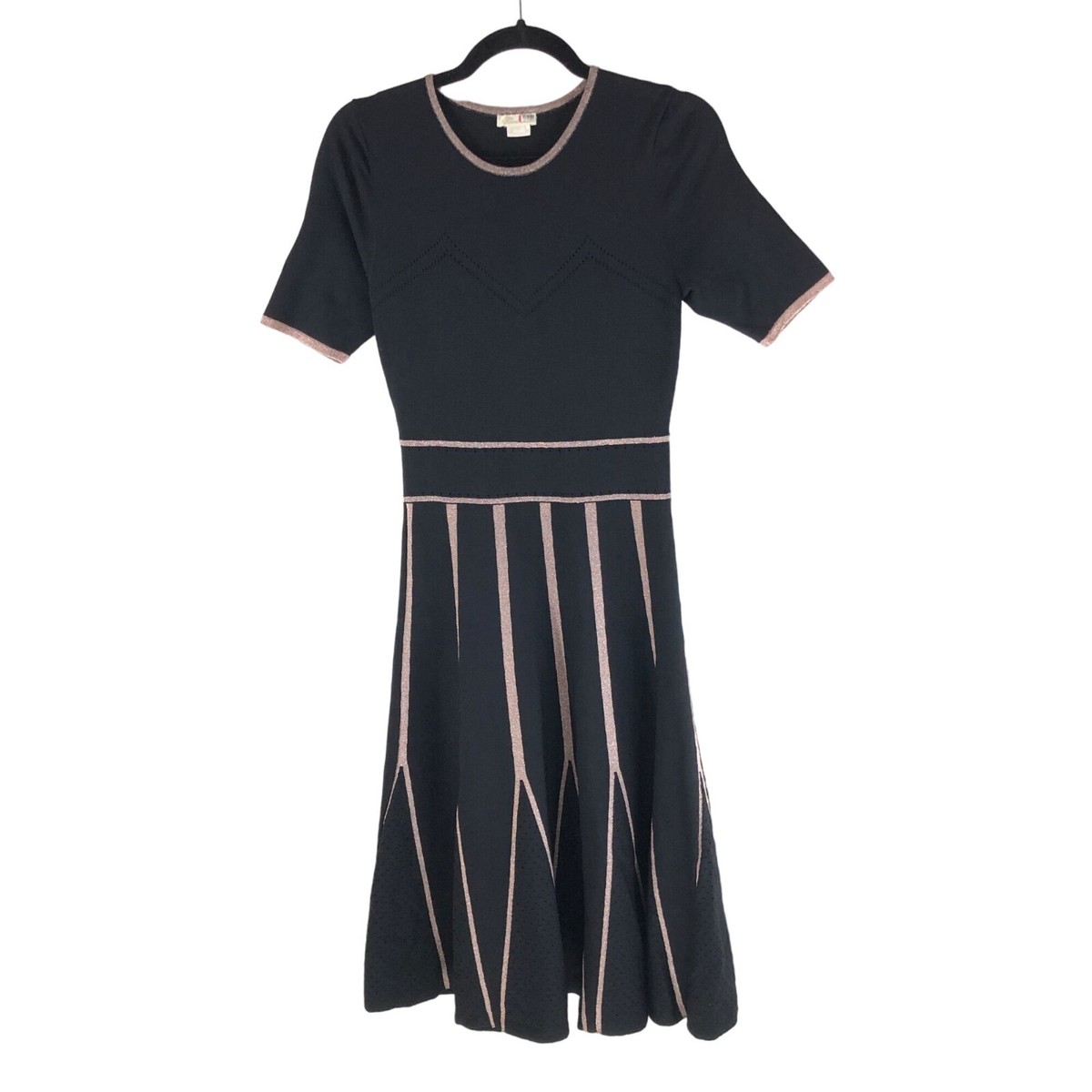 Shoshanna Tinsley Piped Knit Fit-and-Flare Dress Black Metallic Gold S Shoshanna Tinsley Piped Knit Fit-and-Flare Dress Black Metallic Gold S