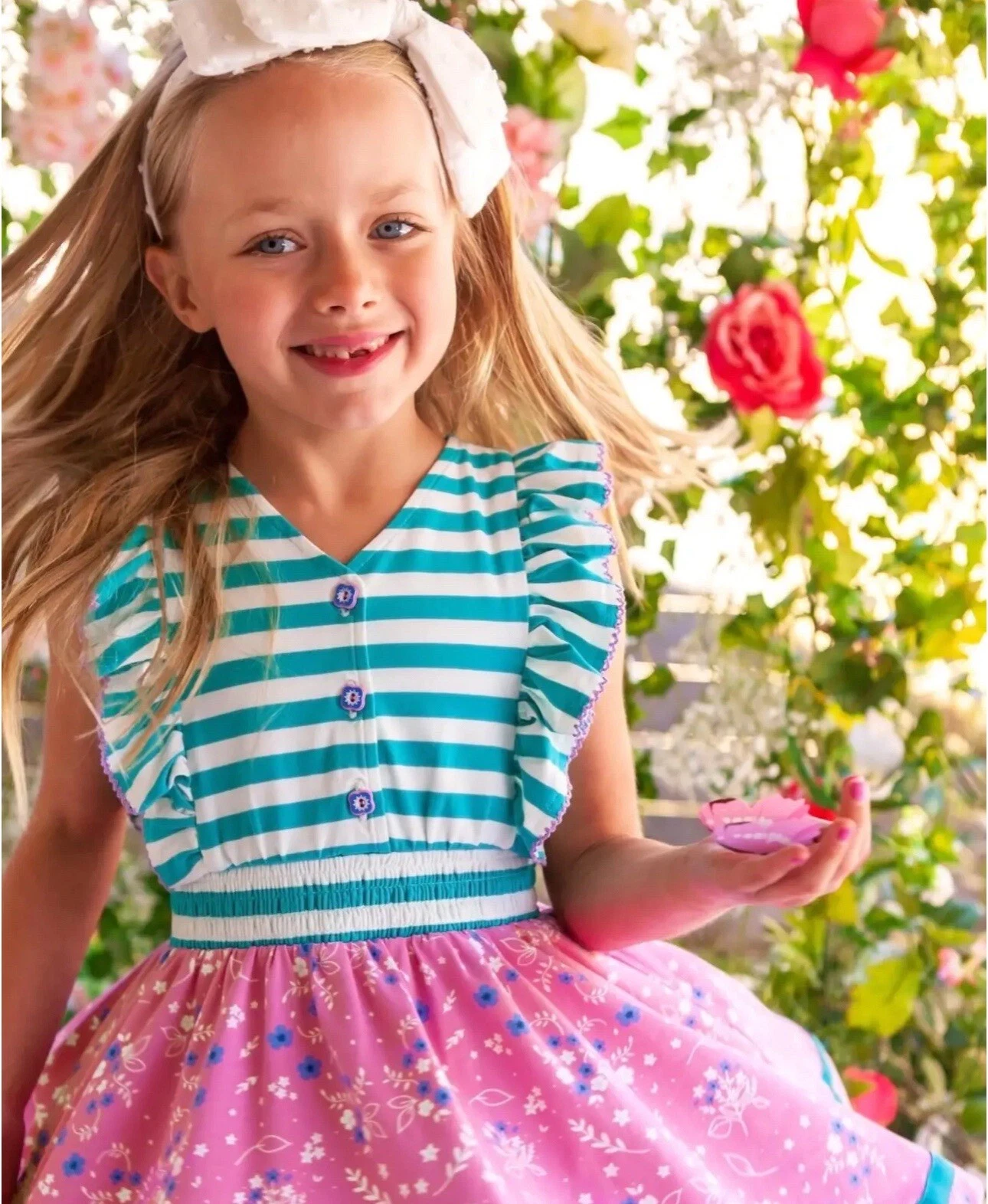 Girls Wildflowers clothing Striped/Floral Pink elastic waist Dress size 12 NWOT