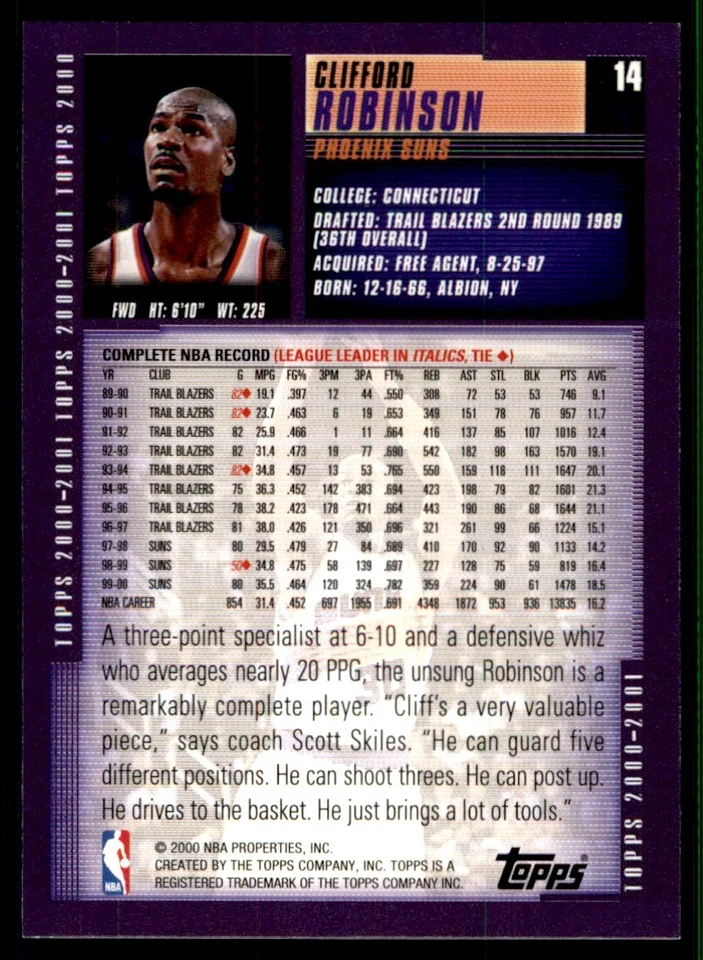 2000-01 Topps Clifford Robinson Phoenix Suns #14 - Image 2 of 2