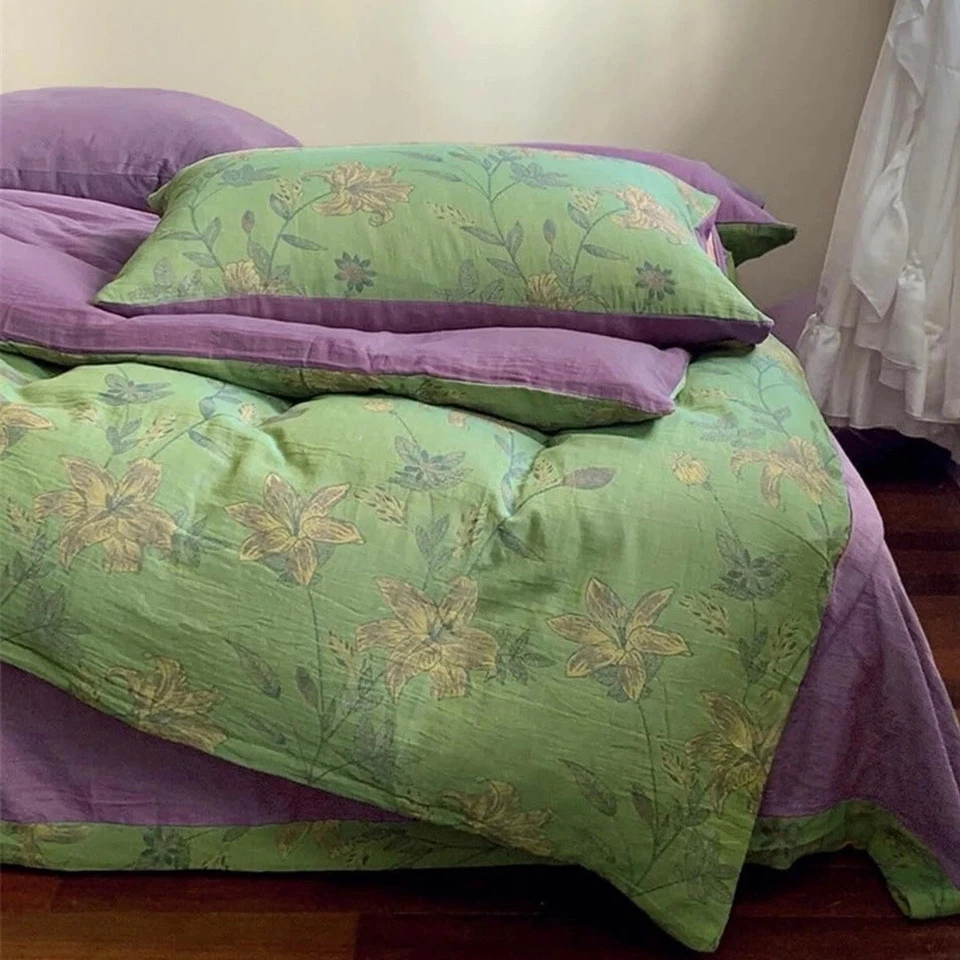 NEW Anthropologie Green Purple Floral Linen Queen / King Bedding Duvet Sham Set - Image 4 of 4