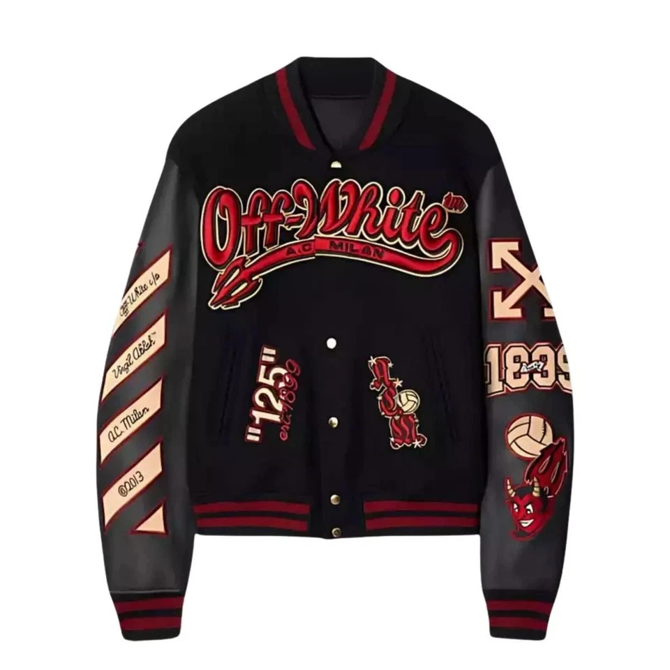 Unisex AC Millan X Off White Devil Pattern Letterman Black Varsity