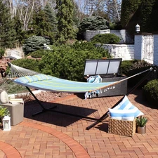 2-Person Quilted Fabric Hammock with Steel Stand - Blue/Green by Sunnydaze