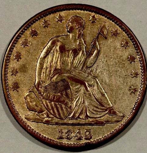 1843  Seated Liberty Half Dollar. Nice AU Details!!!