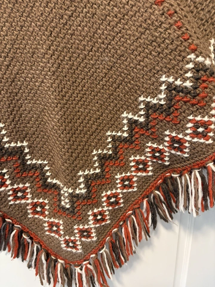 Hand knit Brown Fringe Poncho Sweater Bohemian Festival Women’s One Size - Image 2 of 4