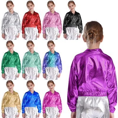 Kids Girls Dance Jacket Metallic Flip Collar Zipper Blazer with Flap Pockets