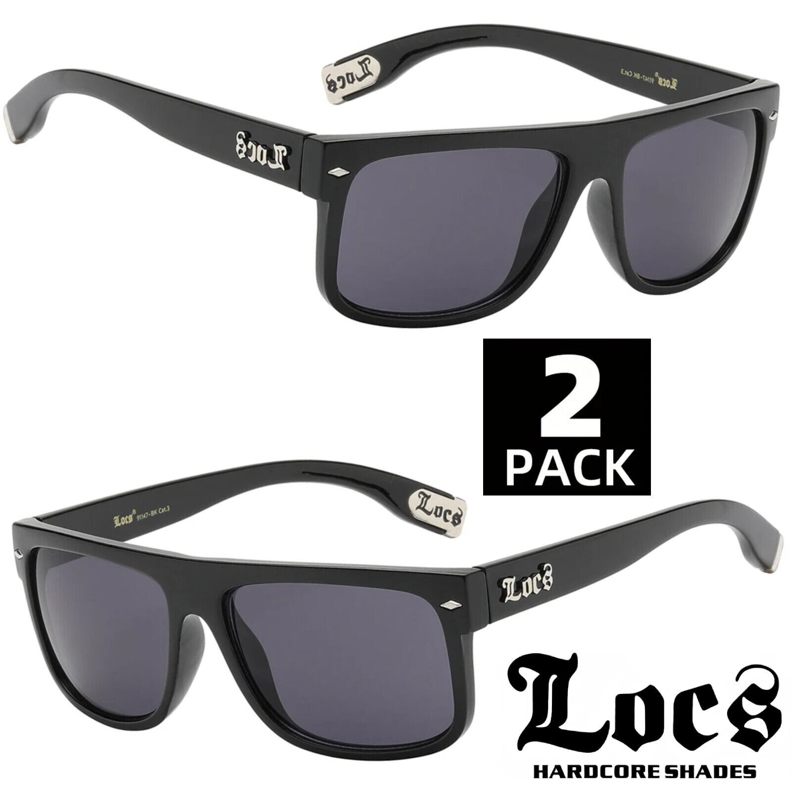2 Pairs LOCS Black Sunglasses Authentic Gangster FLAT TOP Cholo Maddogger Shades