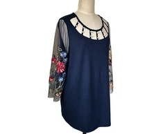 SHEIN Curve 1XL Blouse Top 3/4 Sheer Embroidered Sleeves