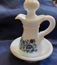 vintage Avon milk glass blue flowers pitcher with base or soap dish and stopper