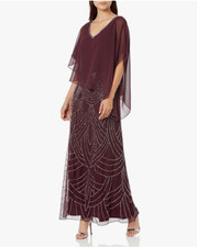 J Kara Women's Caplet V-Neck Mock 2 Piece Beaded Dress Wine, 8 