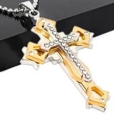 Gold and Silver Cross Necklace - Three Layred Retro Crystal