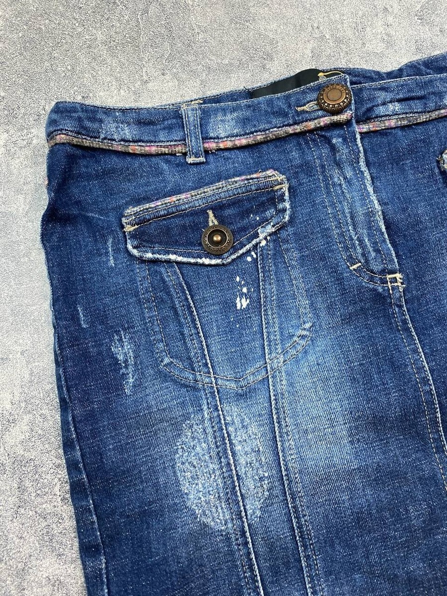 Just Cavalli Denim Skirt Y2K Retro Vintage Front Slit Ruffle 90s