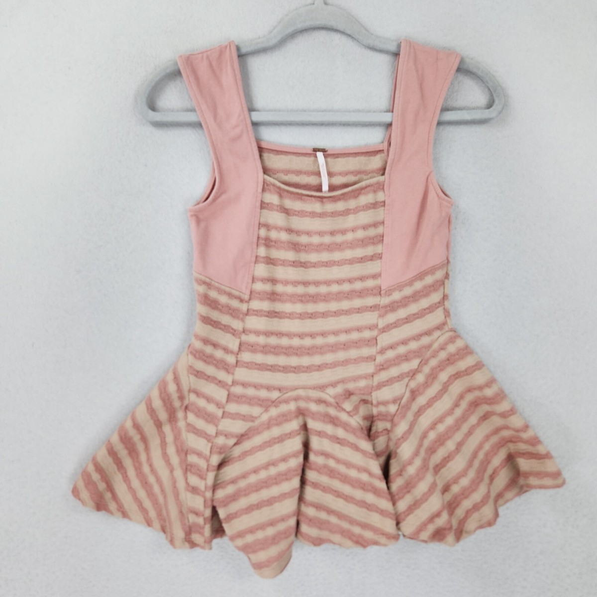 Free People Shirt Womens Extra Small Pink Cream Striped Peplum Tank Top Knit