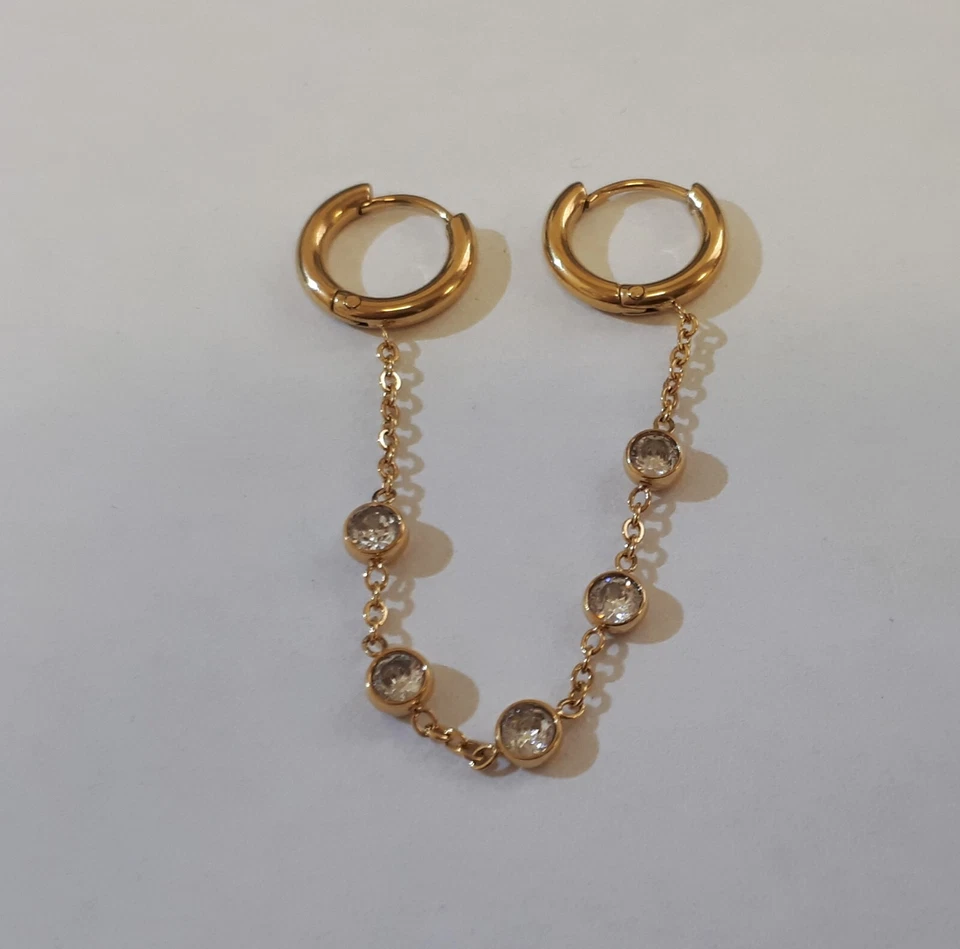 Boucle d'oreille créole chaîne doré avec zirconium blanc Art moderne /EBPM - Photo 2/2