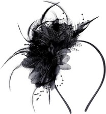 Fascinators Hat Women Tea Party Headband Feather Pearl Flower One Size Black