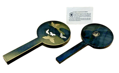 2 Smithsonian Institution Nesting Lacquered Butterfly Hand Held Mirrors 10'' & 5''
