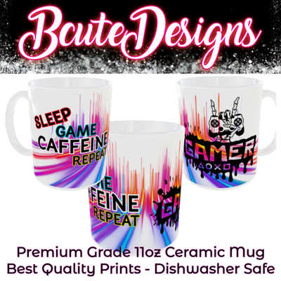 GAMING GAMER KERAMIKTASSE ''SCHLAFSPIEL KOFFEIN WIEDERHOLUNG'' KONSOLE GAMEPAD PC GESCHENK