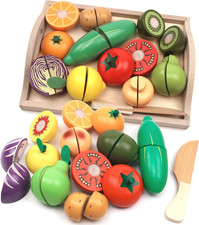 Wooden Cutting Fruit Vegetables Set for Kids - Pretend Play Food Toy Set with Wo