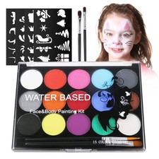URAQT Face Paint Kit 15 Color Face Painting Palette with 2 Brushes 32 Stencils