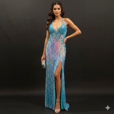 CLEARANCE WAS $582 Precious Formals Multicolor Turquoise Sequin Gown Size 4