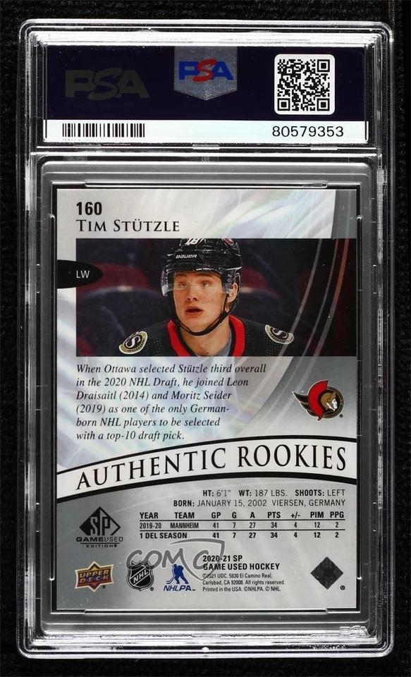 2020 SP Game Used Authentic Rookies /18 Tim Stutzle #160 PSA 10 GEM MT Rookie RC - Image 2 of 2