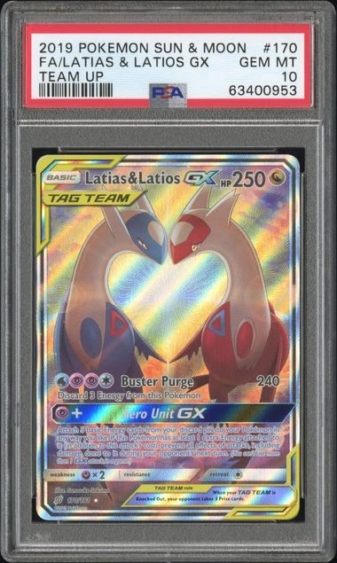 2019 POKEMON SUN & MOON TEAM UP #170 FULL ART/LATIAS & LATIOS GX PSA 10