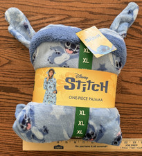 NEW Disney Stitch one-piece pajama hooded with ears fleece blue Womens XL 45