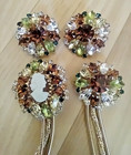 Hobe Sweater Clip & Earrings Scarce Cameo Amber Green Rhinestones Designer Set  — photo 4