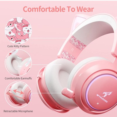 Wireless Cat Ear Headphones, Pink Gaming Headset Bluetooth for  Smartphone