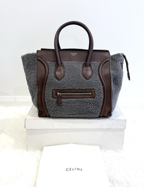 *TO CLEAR*RARE CELINE 30cm MINI Luggage tote Bag in Brown Grey mouton Shearling