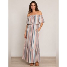 1.State Gypsy Night Medium Striped Off Shoulder Maxi Dress Boho Tassel