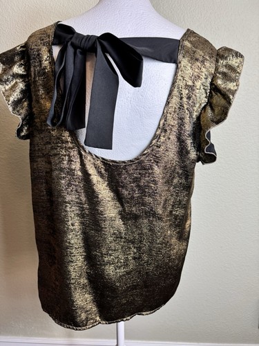 Shein Top Gold Shimmering Sleeveless Size L Pullover Ruffle Tie/Open Back - Picture 3 of 6