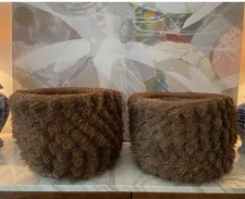Decorator OOAK Pair Of Coiled Pine Needle Natural Fiber Tassel Planters Tribal