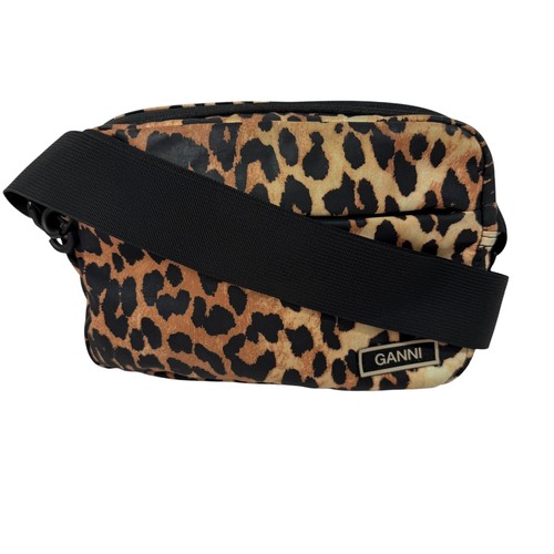 Ganni Leopard Print Tech shoulder Bag Recycled Polyester Crossbody Brown Tan
