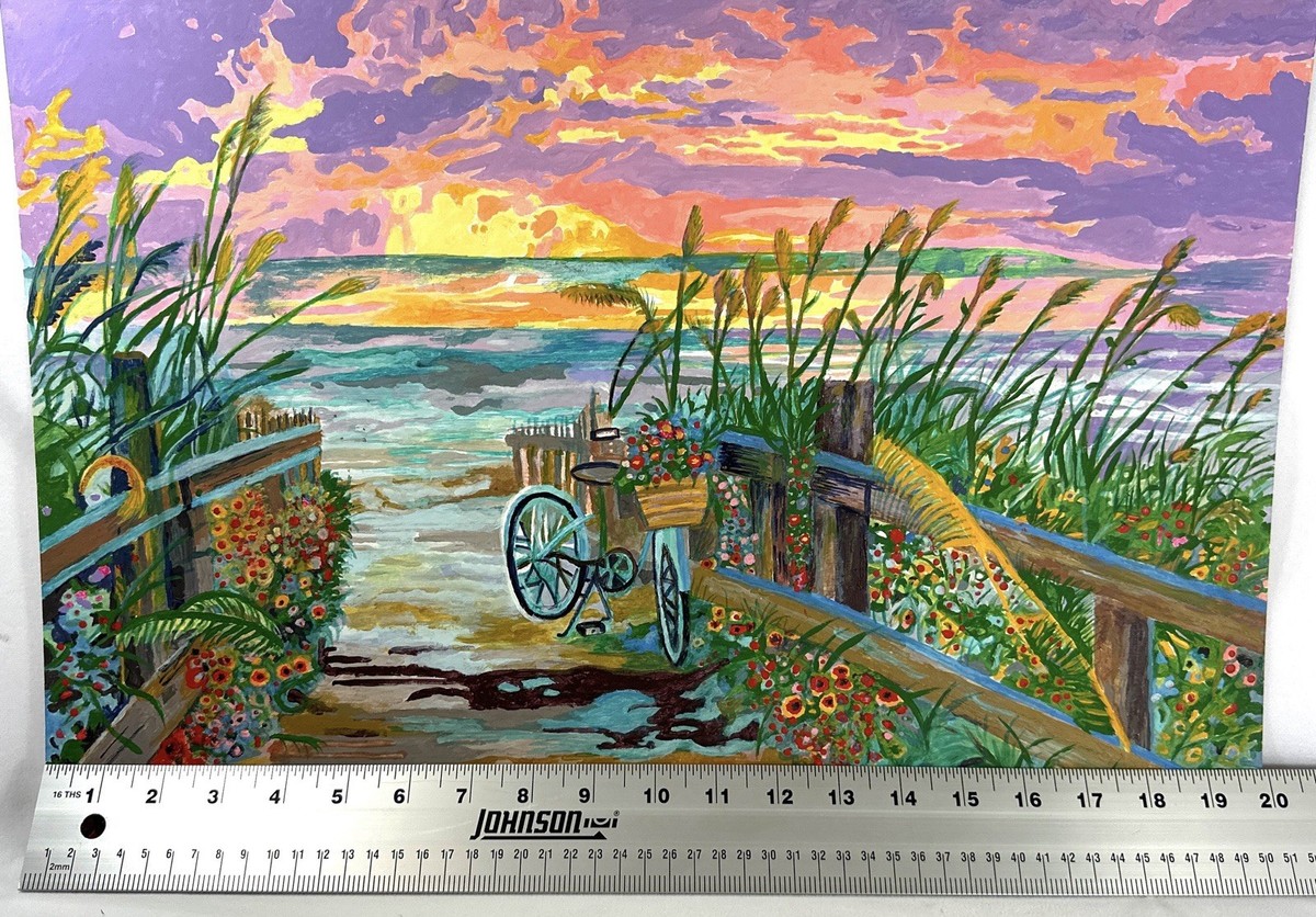 Original Beach Sunset Painting Coastal Boardwalk Bicycle Ocean