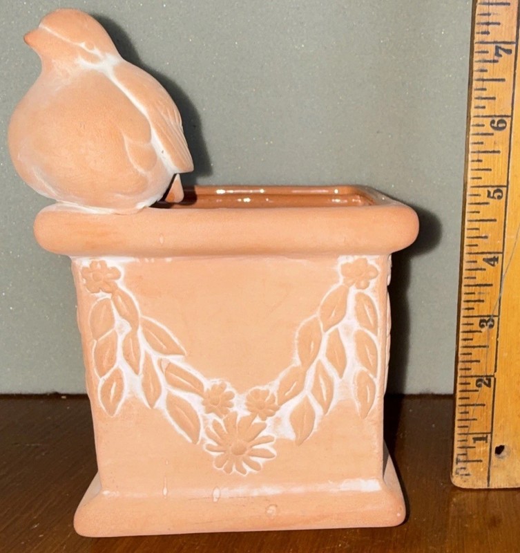 Pink Glossy Ceramic Square Planter Pot w/ Bird Figurine & Floral Relief, 6 in