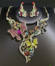 Beautiful Rhinestone Butterfly Necklace And Pierced Earring Set