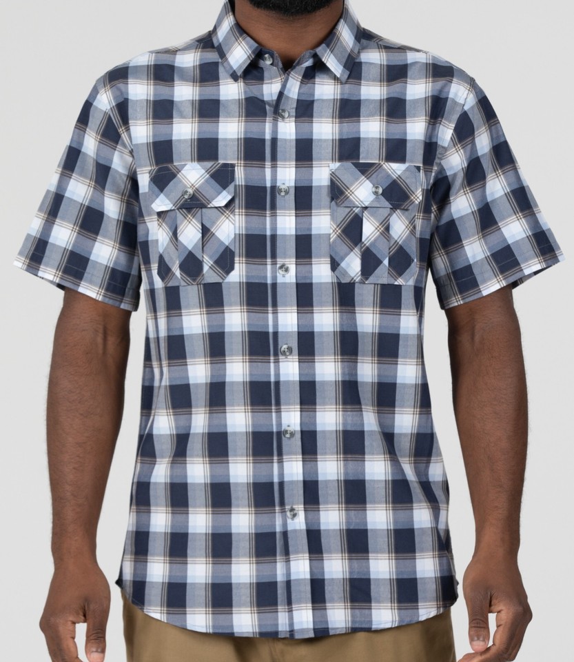 Wear Sierra Top Shelf Men's Cotton Short Sleeve Button Down Shirts in White Blue Plaid