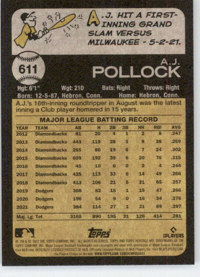 2022 Topps Heritage High Number #611 A.J. Pollock  Chicago White Sox - Image 2 of 2