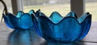 Two Vintage Blenko Handmade Cobalt Blue Glass Lotus Bowls Scalloped Rim MCM