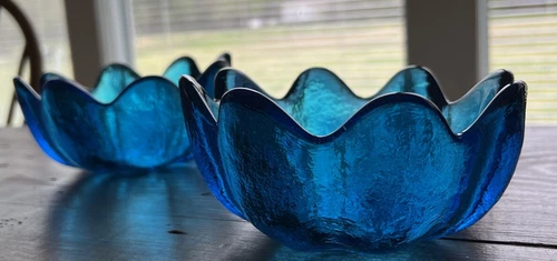 Two Vintage Blenko Handmade Cobalt Blue Glass Lotus Bowls Scalloped Rim MCM