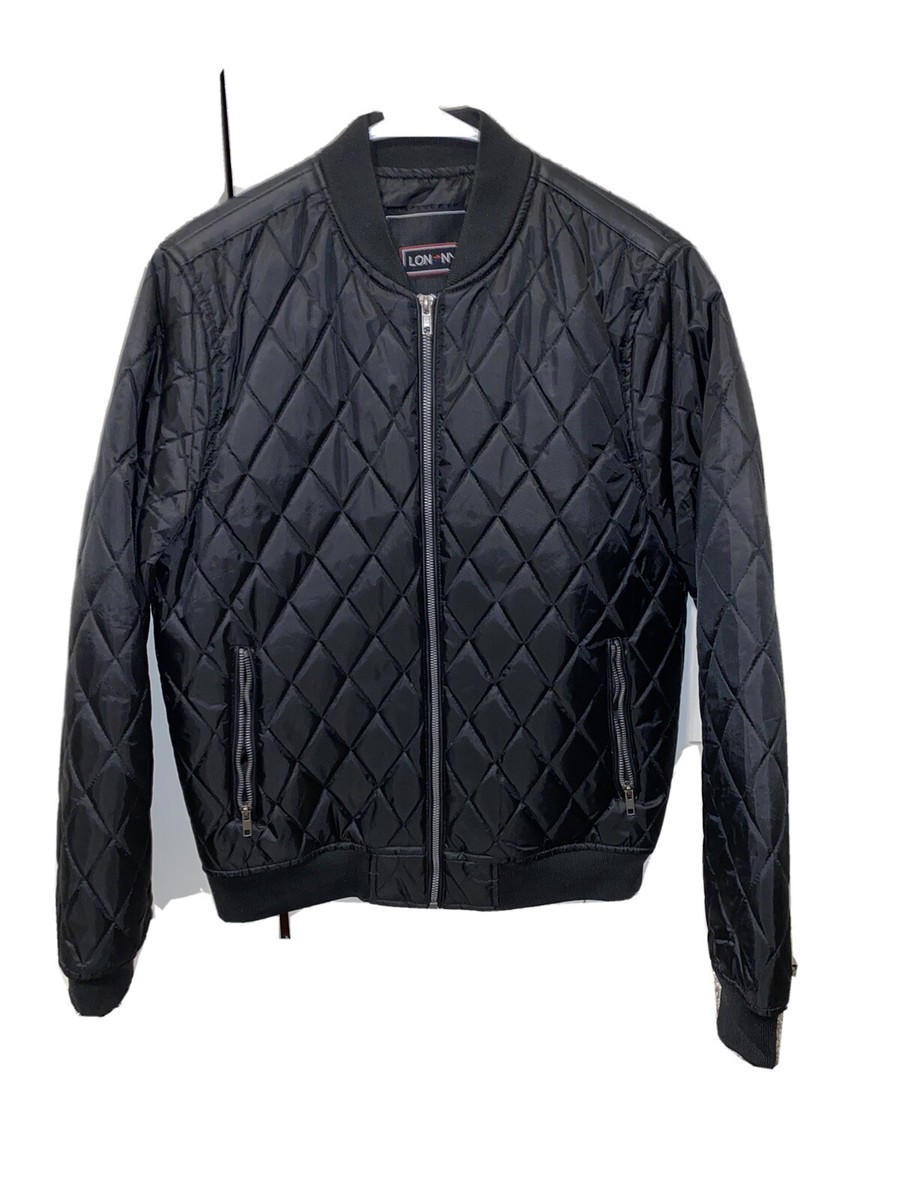 Lon NYC Men Quilted Full Zip Black Used Bomber Jacket Size Lon NYC Men Quilted Full Zip Black Used Bomber Jacket Size