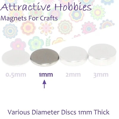 ATTRACTIVE HOBBIES Strong Neodymium Disc Magnets - 1mm Thin x Various Diameters - Round Craft Art
