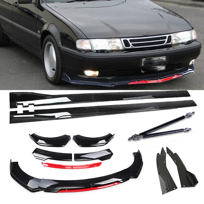 Front Bumper Lip Splitter Spoiler For Saab 2003-2007 Glossy Black +Red Body Kit