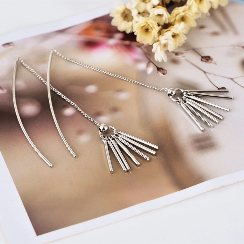 Stunning 18K White Gold Filled Drop Bars Dangle Thread Threader Stud Earrings - Image 3 of 4