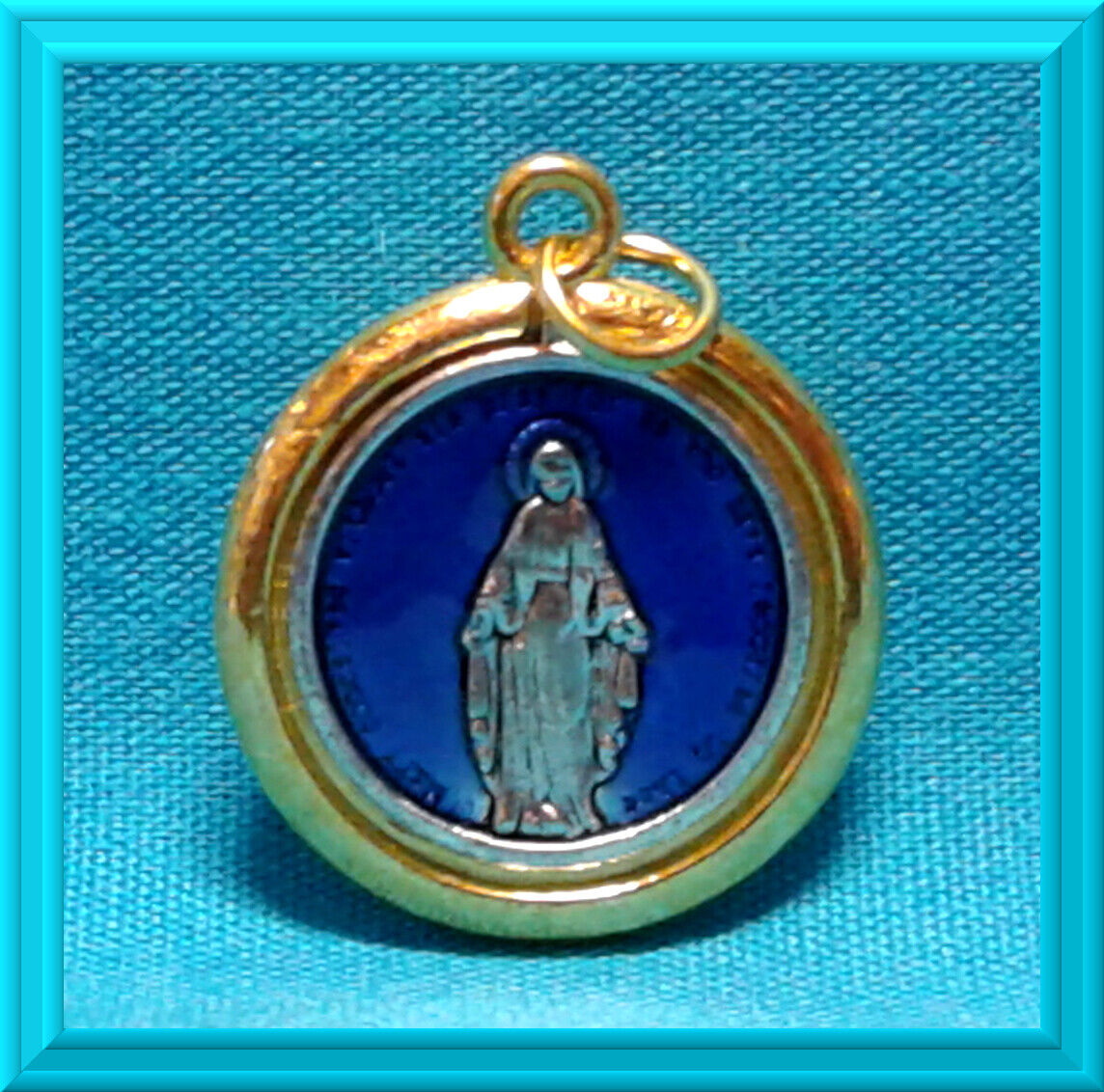 Miraculous Medal Sapphire BLUE Enamel Virgin Mother MARY Gold Silver Two Tone