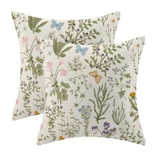 Spring Pillow Covers 18x18 Inch Set of 2,Sage Green Wild Flower Plant Throw P...